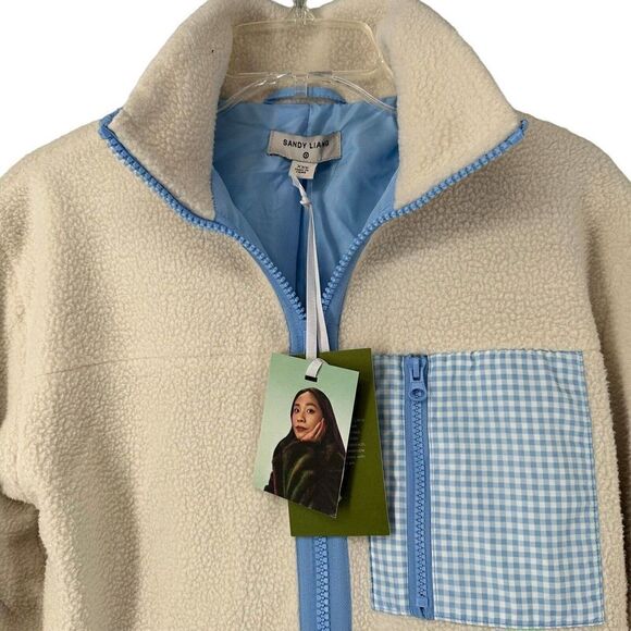 Sandy Liang Target Sherpa Jacket XXS White Full Zip Blue Gingham Pocket Cute NEW - Picture 2 of 10